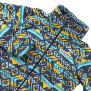 Columbia Fleece‎ Jacket Full Zip Geometric Aztec Pattern Blue Yellow Kids Sz S